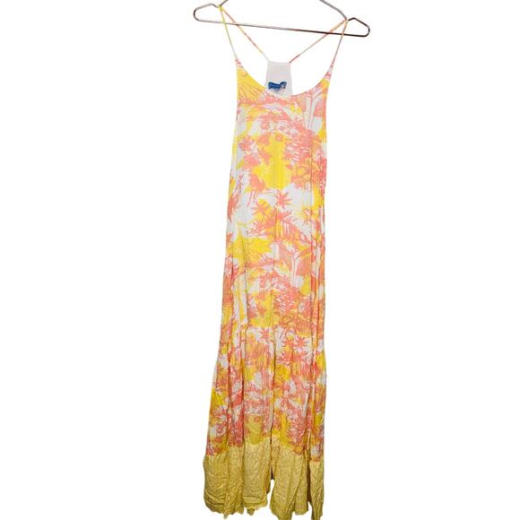 PARADISED AIDA Sunset Tropical Palm Floral Print Sleeveless Tiered Maxi Dress S - Picture 3 of 10